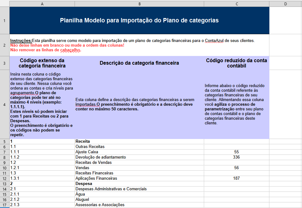 Tela da planilha padrão do Plano de Categorias com destaque para instruções de preenchimento.