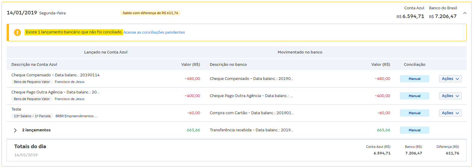 Tela de Movimentações com destaque para a mensagem Existe 1 lançamento bancário que não foi conciliado.