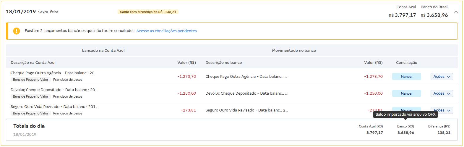 Tela de Movimentações com destaque para a mensagem Saldo importado via arquivo OFX.