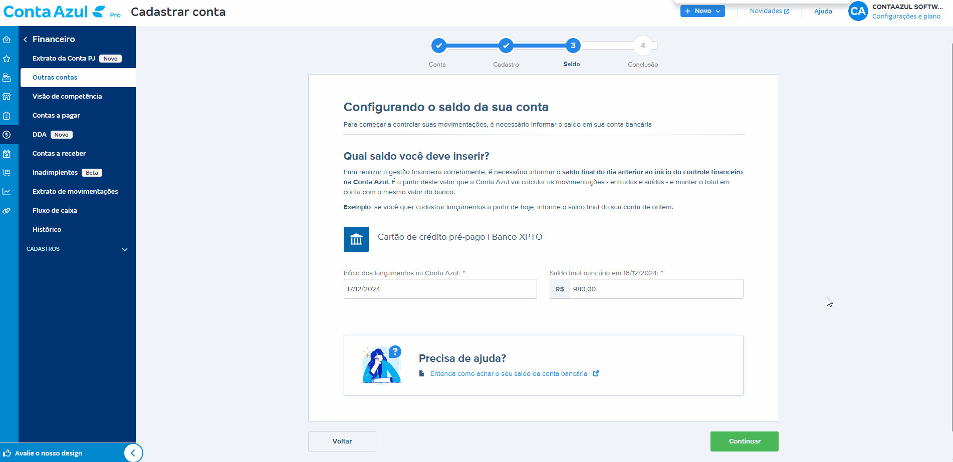 Passo a passo para concluir cadastro de conta financeira Caixinha ou Outro tipo de conta.