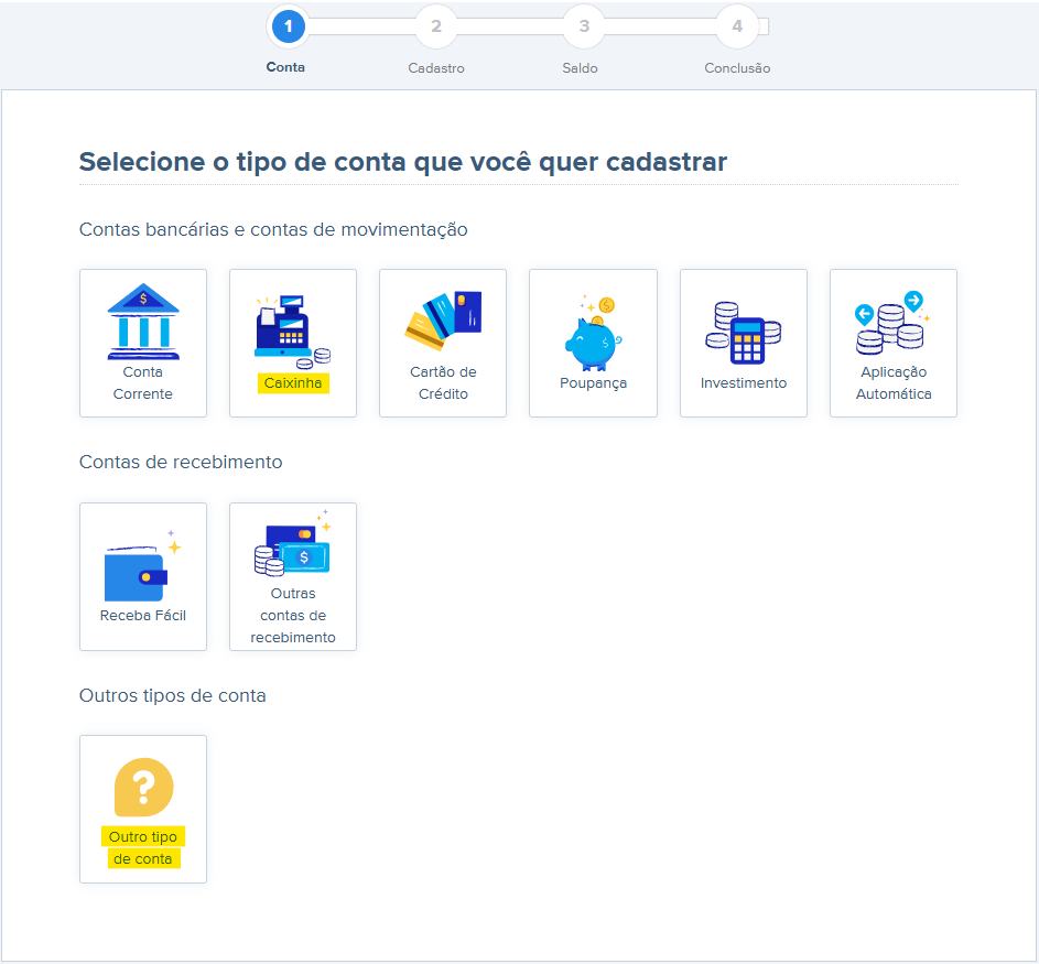 Tela de cadastro de novas contas financeiras com destaque para as contas Caixinha e Outro tipo de conta.