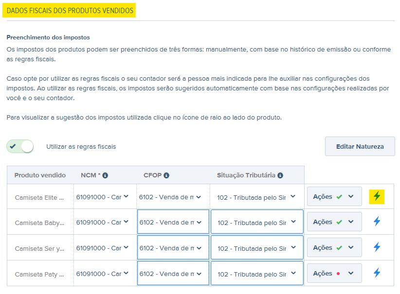 Tela de Dados fiscais dos produtos vendidos no rascunho da NF-e.