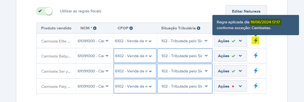 Tela com destaque para o símbolo de raio azul indicando a data e a origem dessa informação.