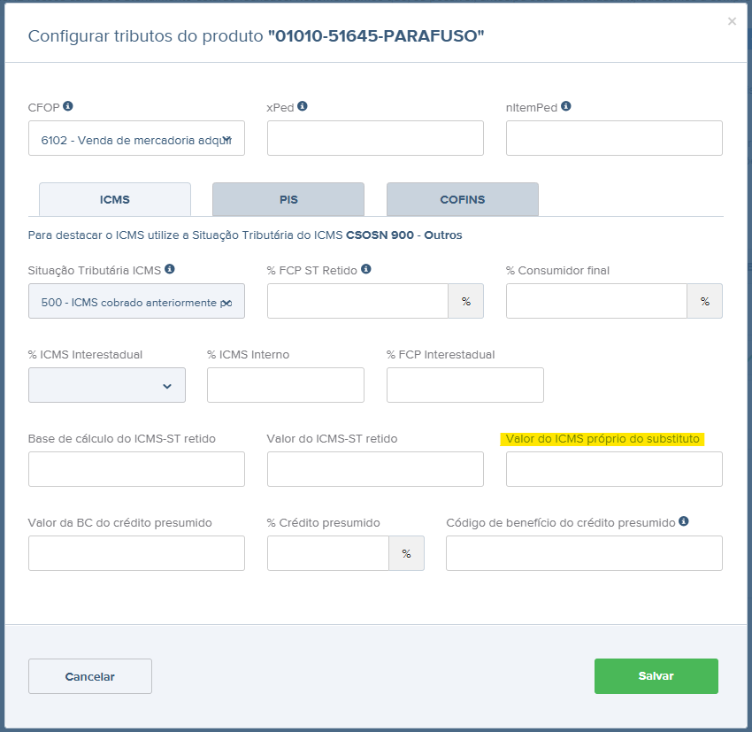 Tela da NF-e com destaque para o campo Valor do ICMS próprio do substituto.