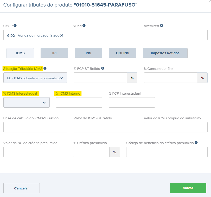 Tela de rascunho da NF-e com destaque para Situação tributária ICMS, %ICMS interestadual e %ICMS interno.