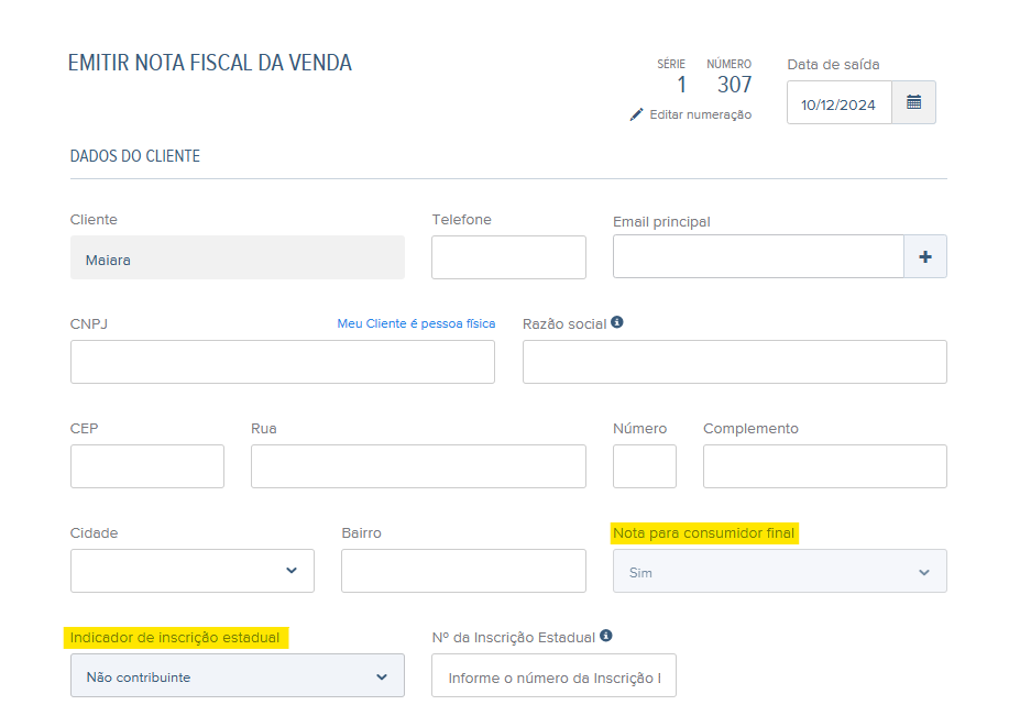 Tela de rascunho da NF-e com destaque para nota para consumidor final e Indicador de Inscrição Estadual.
