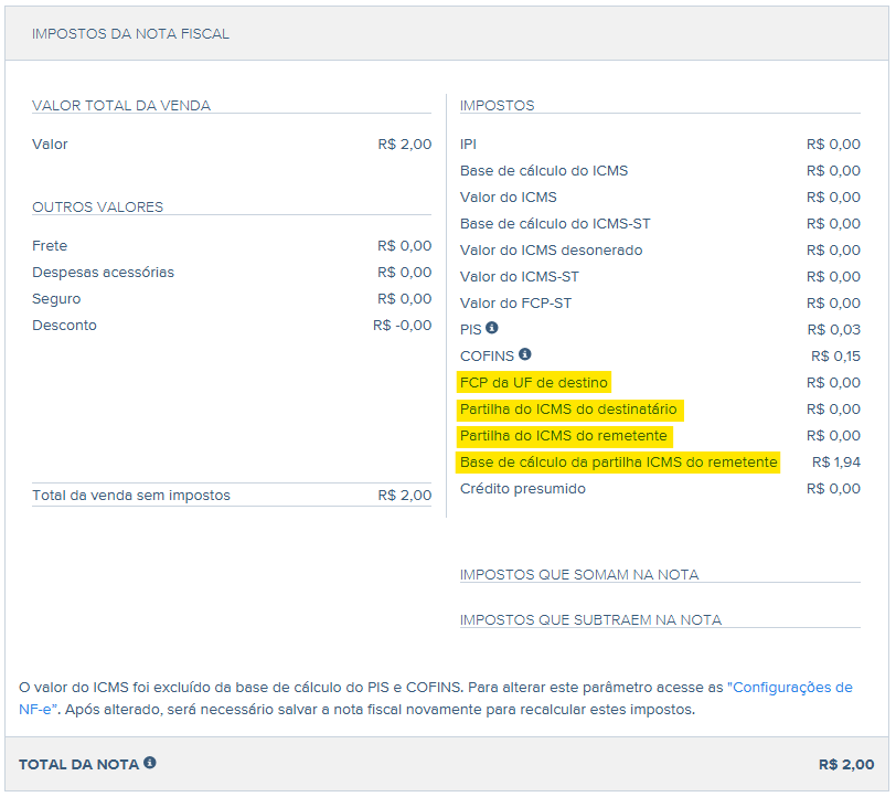 Tela com destaque para FCP UF de destino, Partilha ICMS do destinatário e remetente e BC da partilha ICMS do remetente.