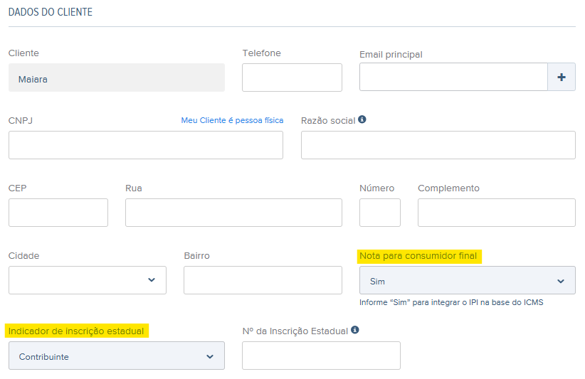 Tela de rascunho da NFS-e para preenchimento da Nota para consumidor final e Indicador de inscrição estadual.