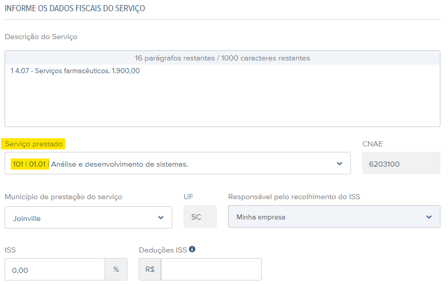 Tela com destaque para o campo Serviço prestado no rascunho da NFS-e.