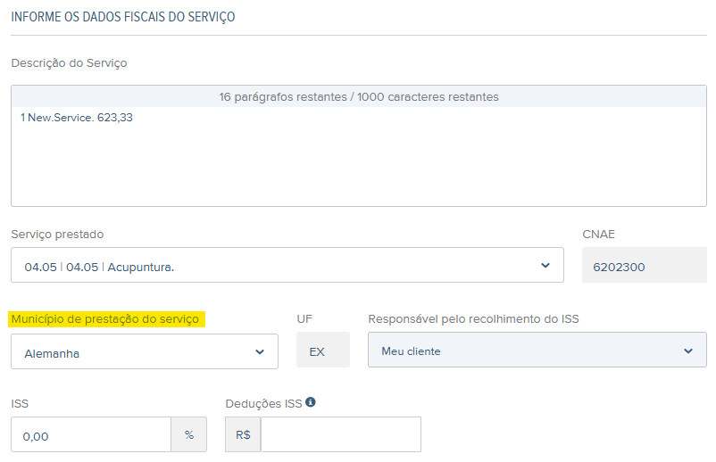 Tela de rascunho da NF-e para cliente estrangeiro com destaque para o campo Município de prestação do serviço.