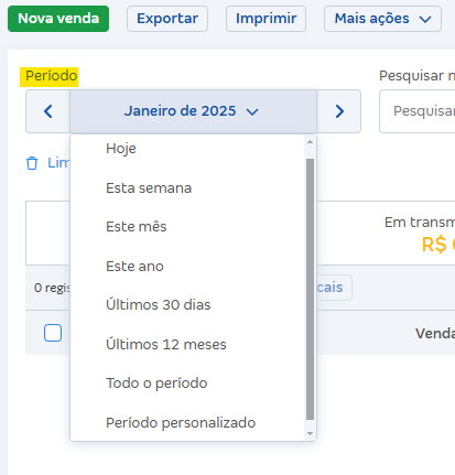Tela de filtros por período de notas fiscais.