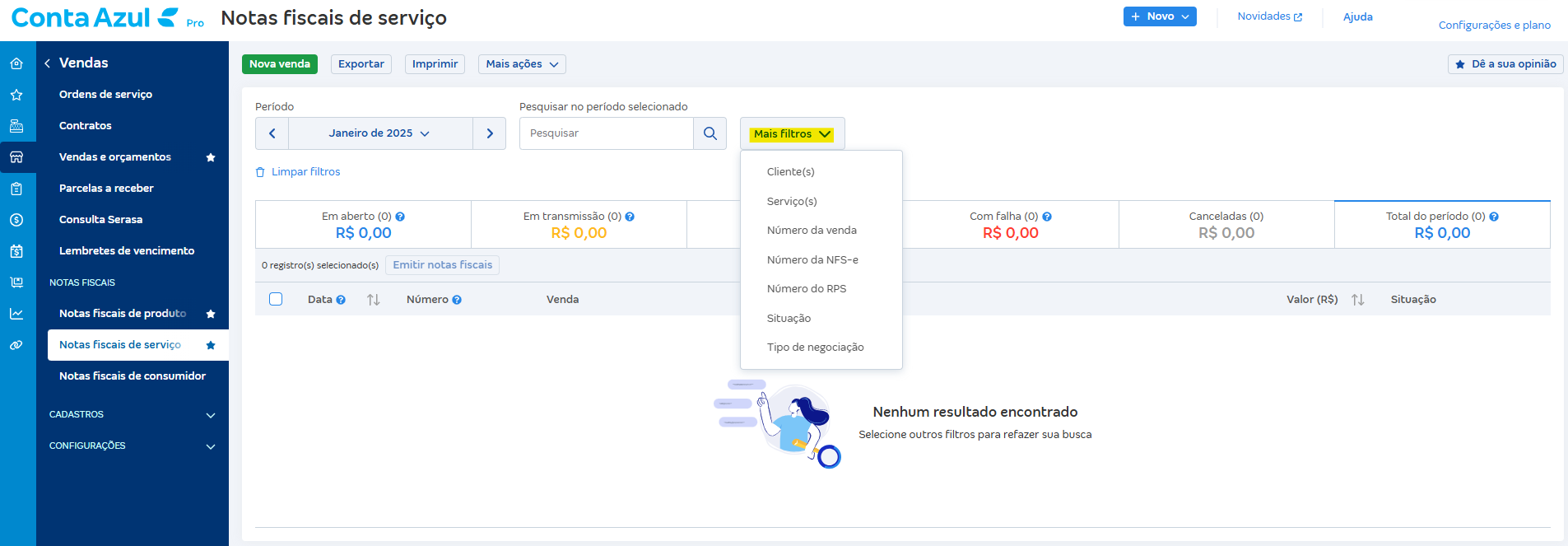 Tela com destaque para Mais filtros de notas fiscais.
