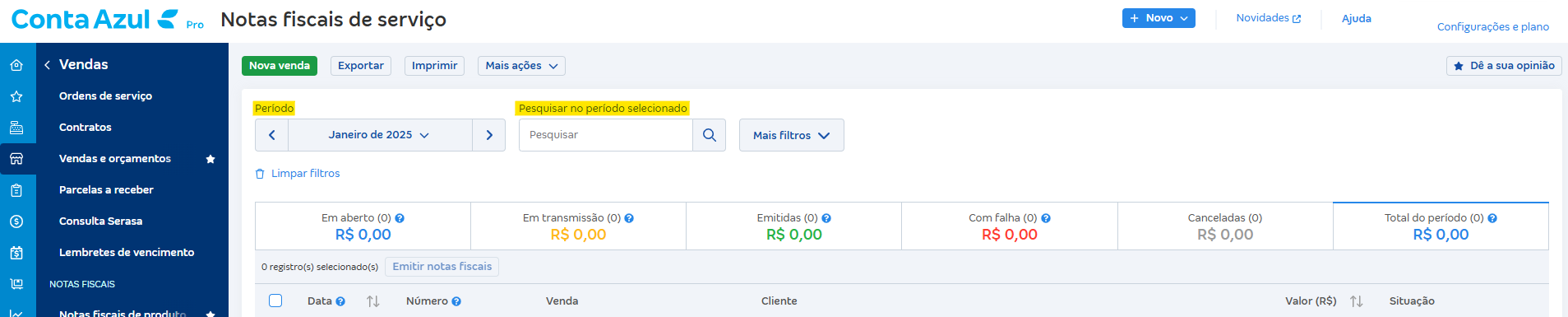 Tela de filtros por período e campo de busca aberto para notas fiscais.