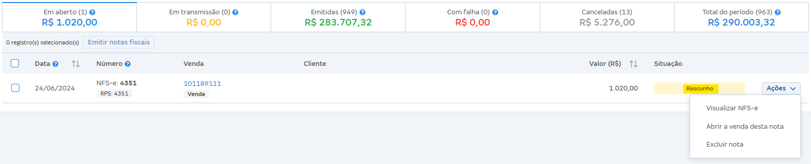 Tela de listagem das NFS-e com destaque para a situação Rascunho.