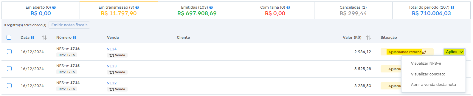Tela de listagem das NFS-e com destaque para a situação Aguardando retorno.