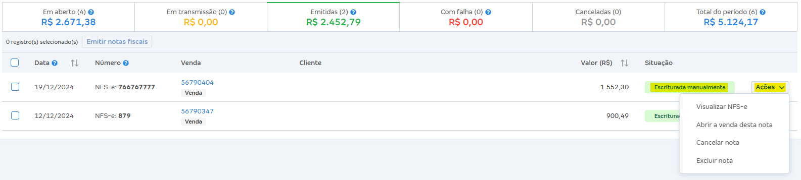 Tela de listagem das NFS-e com destaque para a situação Escriturada manualmente.