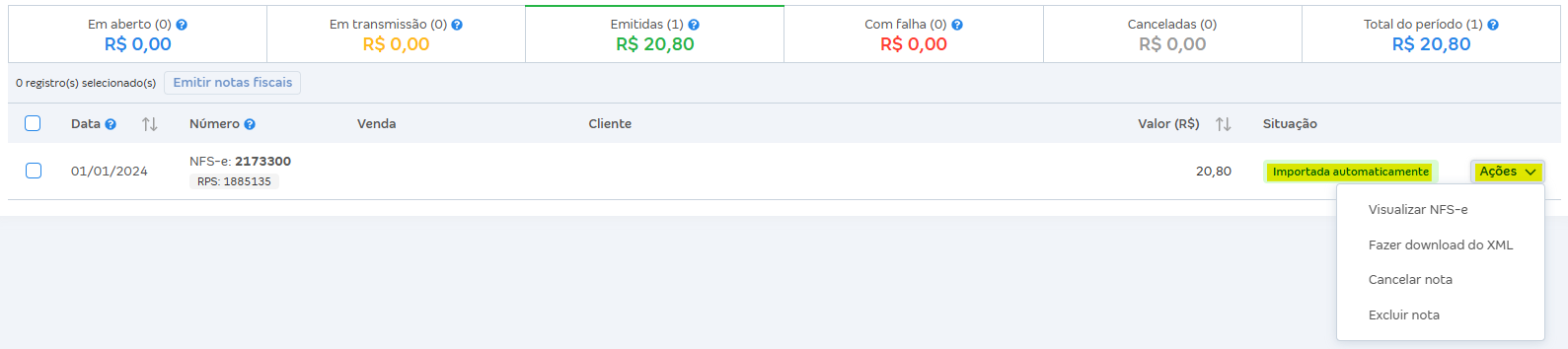 Tela de listagem das NFS-e com destaque para a situação Importada automaticamente.