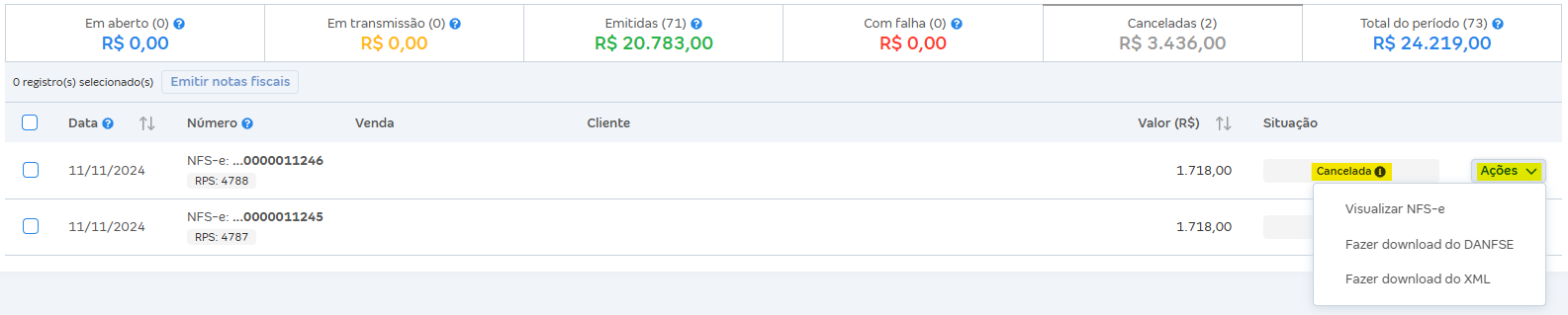 Tela de listagem das NFS-e com destaque para a situação Cancelada.