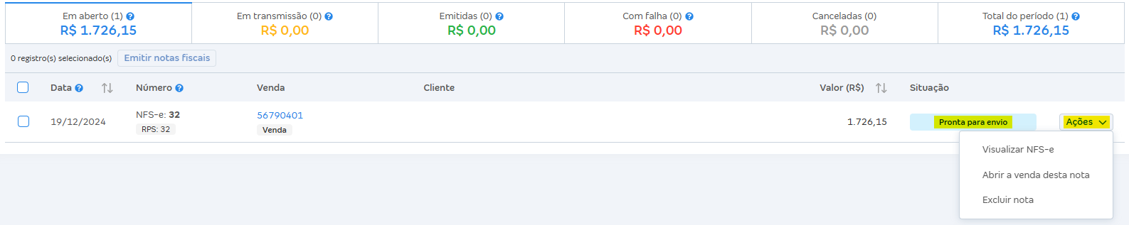 Tela de listagem das NFS-e com destaque para a situação Pronta para envio.