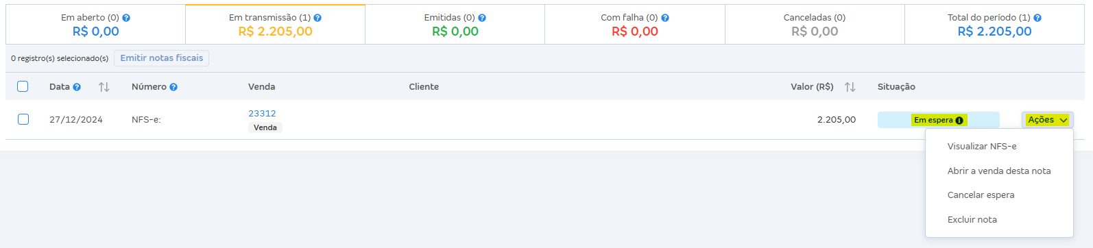 Tela de listagem das NFS-e com destaque para a situação Em espera.