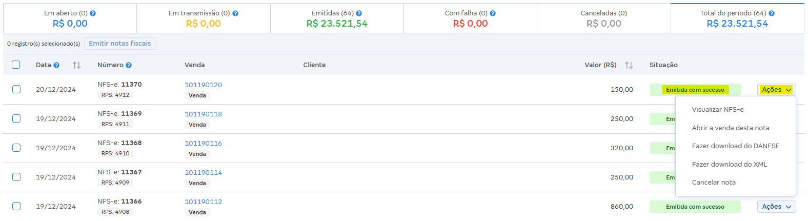 Tela de listagem das NFS-e com destaque para a situação Emitida com sucesso.