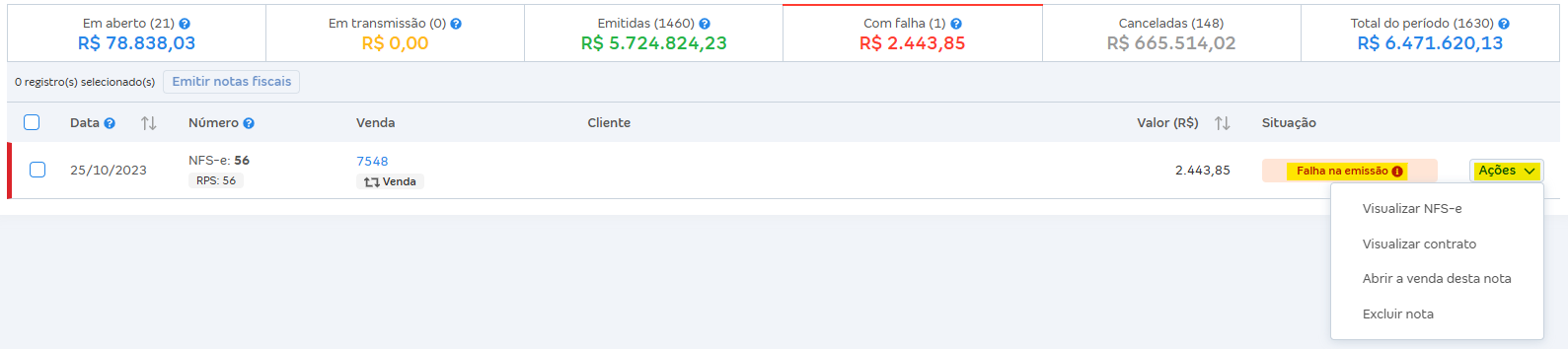 Tela de listagem das NFS-e com destaque para a situação Falha na emissão.