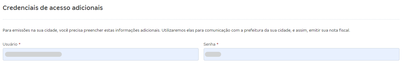 Tela de configurações da NFS-e com destaque para o campo Credenciais de acesso adicionais.