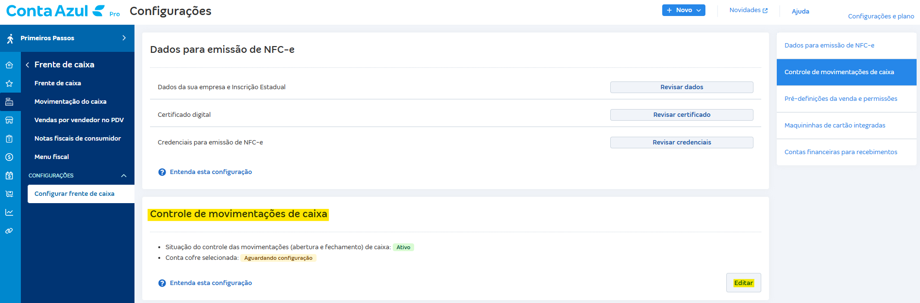 Tela de Controle de movimentações de caixa com destaque para o botão Editar.