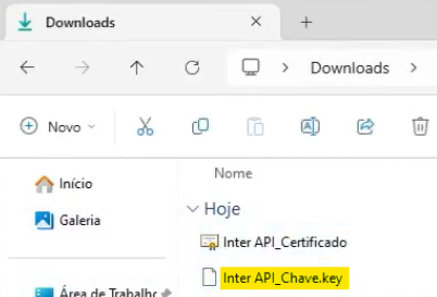 Tela de pasta com downloads com destaque para o arquivo Inter API Chave.key