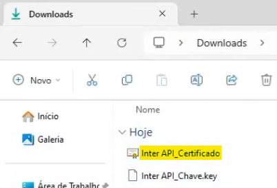 Tela de pasta com downloads com destaque para o arquivo Inter API Certificado