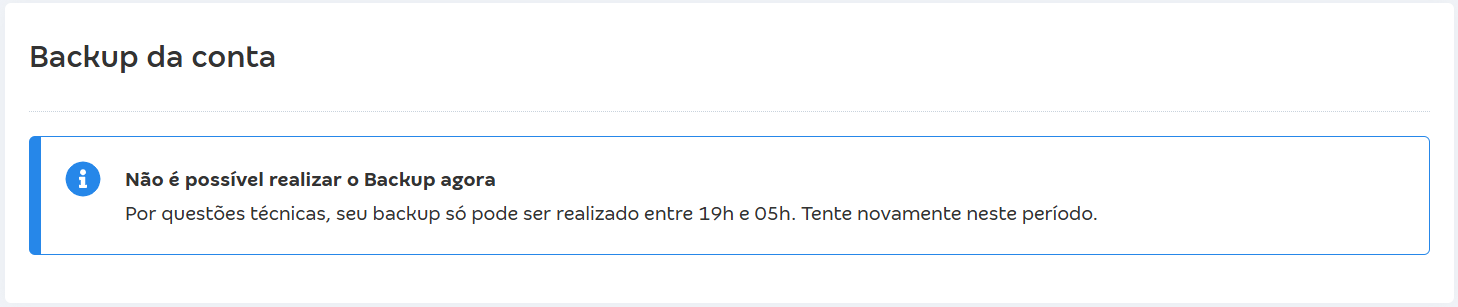 Tela de Backup da conta com destaque para a mensagem Não é possível realizar o Backup agora.