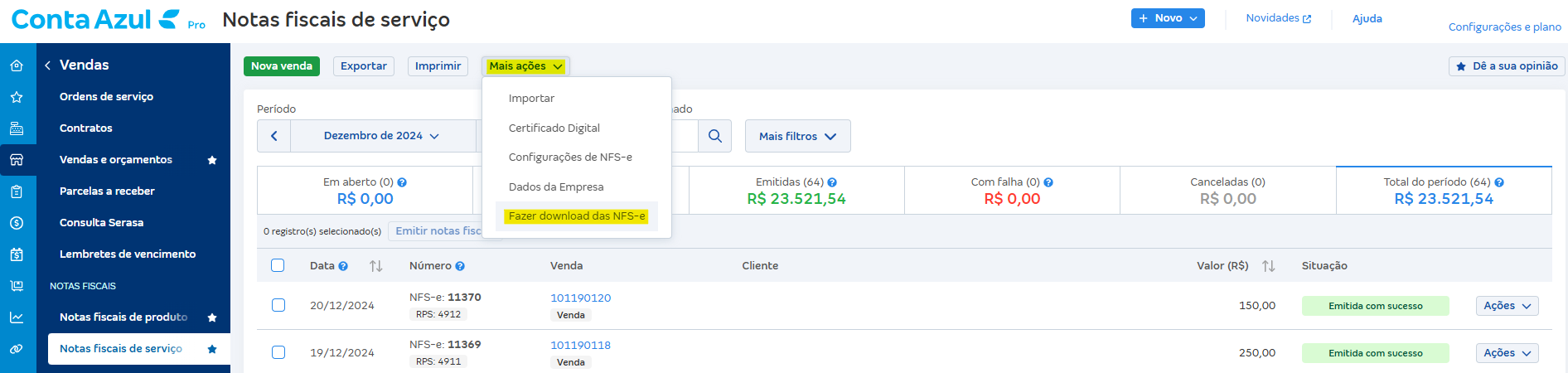 Tela de lista de NFS-e com destaque para os botões Mais Ações e Fazer download das NFS-e.