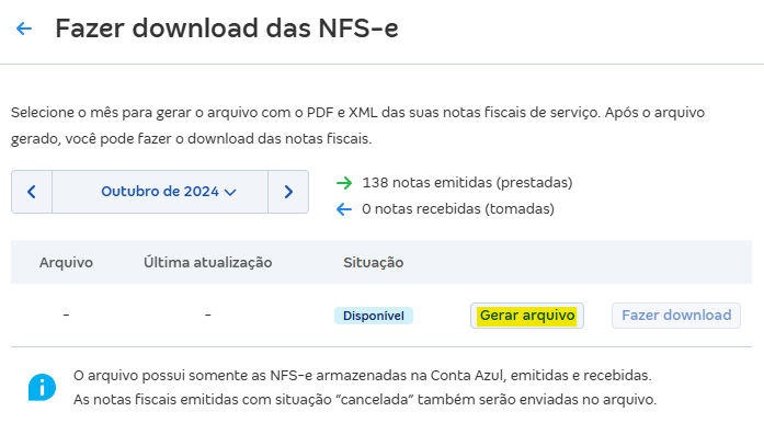 Tela de Fazer download das NFS-e com destaque para o botão Gerar arquivo.
