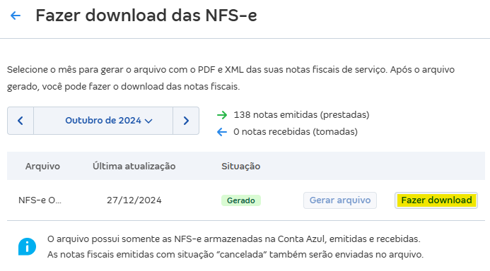 Tela de Fazer download das NFS-e com destaque para o botão Fazer download.