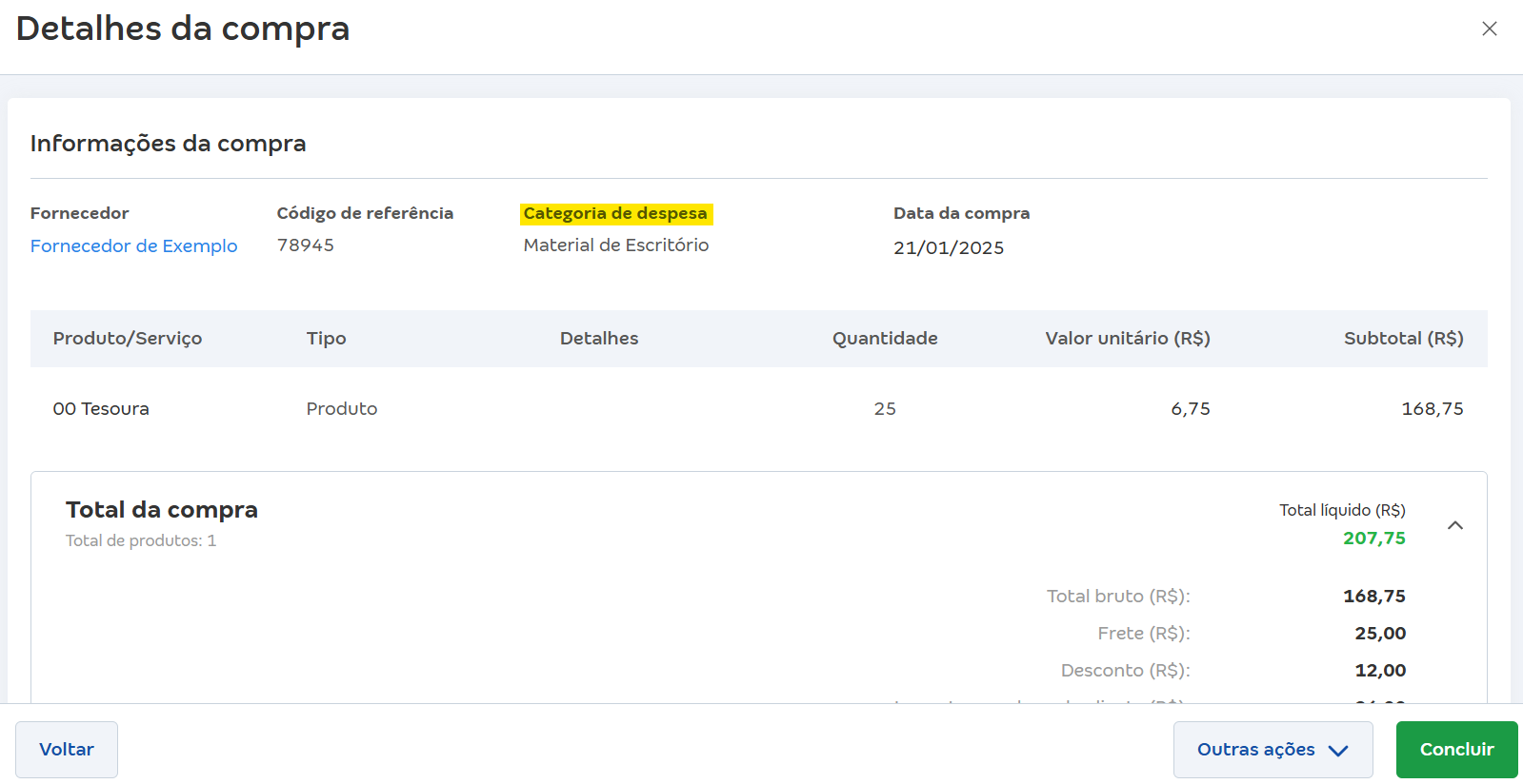 Tela da compra com destaque para o campo Categoria de despesa.