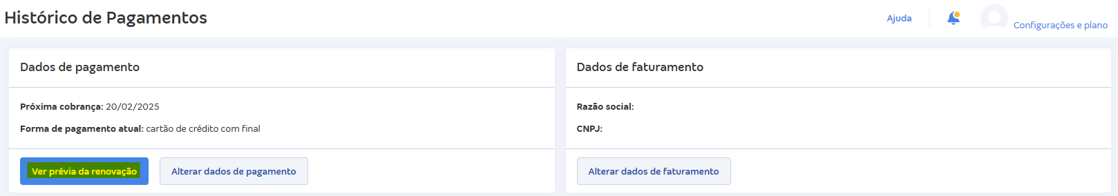 Tela de Histórico da compra com destaque para o botão Ver prévia da renovação.