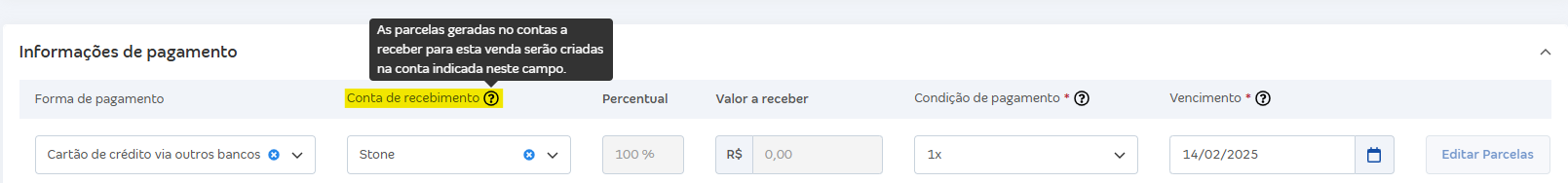 Tela de informações de pagamento com destaque para o campo conta de recebimento.
