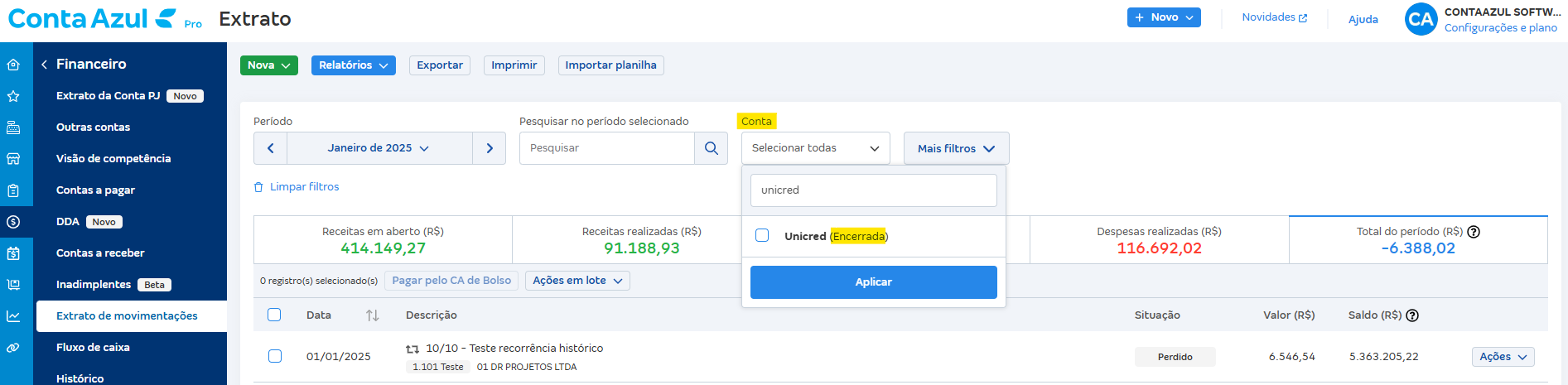 Tela de extrato financeiro com destaque para o filtro Conta.