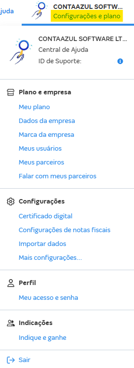 Tela do menu Configurações e plano com destaque para os links de atalhos.