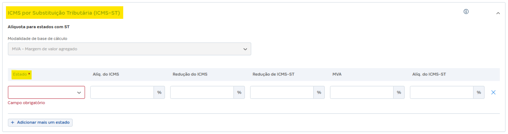 Tela de regras fiscais com destaque para o campo Estado em ICMS por Substituição Tributária (ICMS-ST).