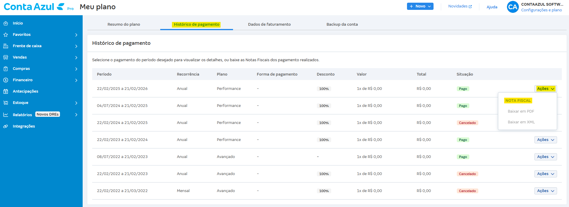 Tela de histórico de pagamento para acessar XML ou PDF da nota fiscal do plano.png