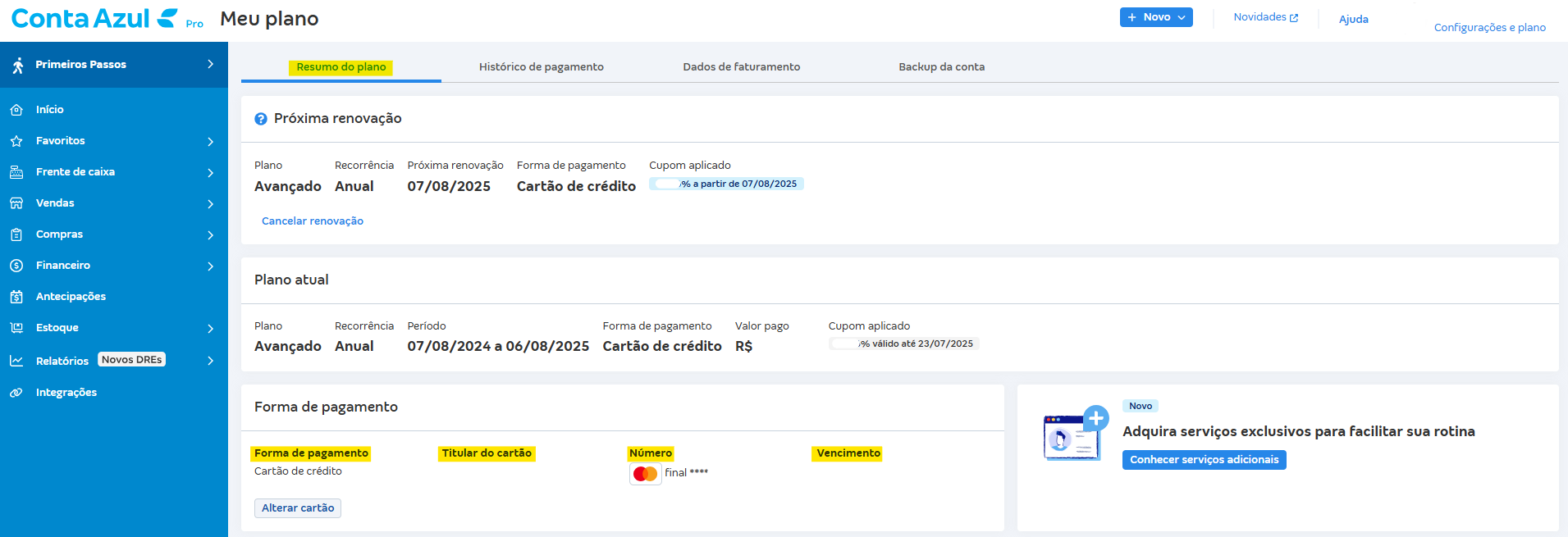 Tela de Resumo do plano com destaque para Forma de pagamento cartão de crédito.png