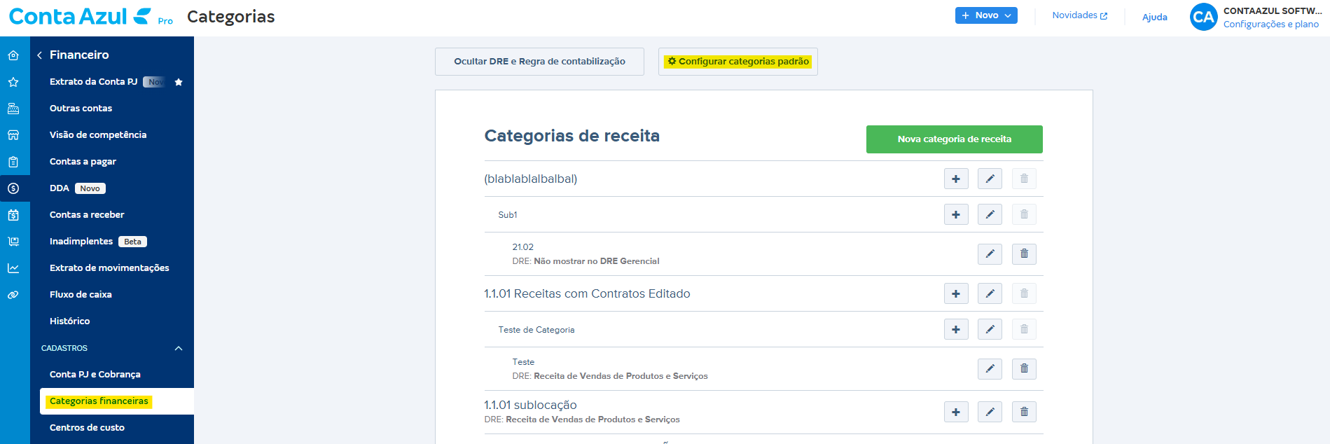 Tela de categorias com destaque para o botão Configurar categorias padrão.png