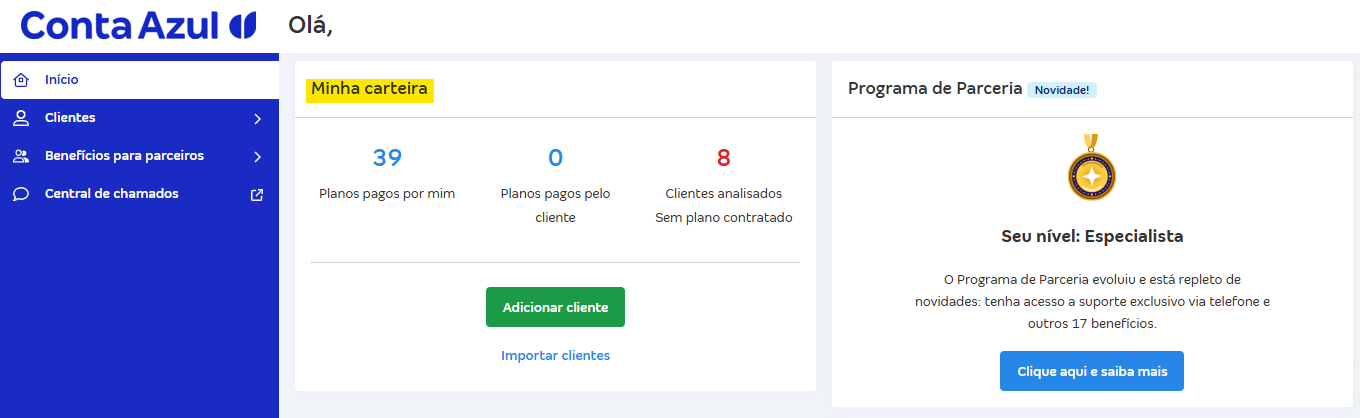 Tela de Início da Conta Azul Mais com destaque para o campo Minha carteira.png