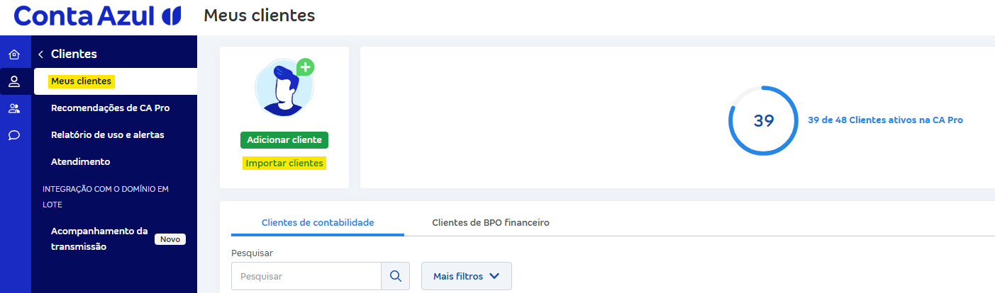 Tela de Meus clientes com destaque para o botão Importar cliente.png
