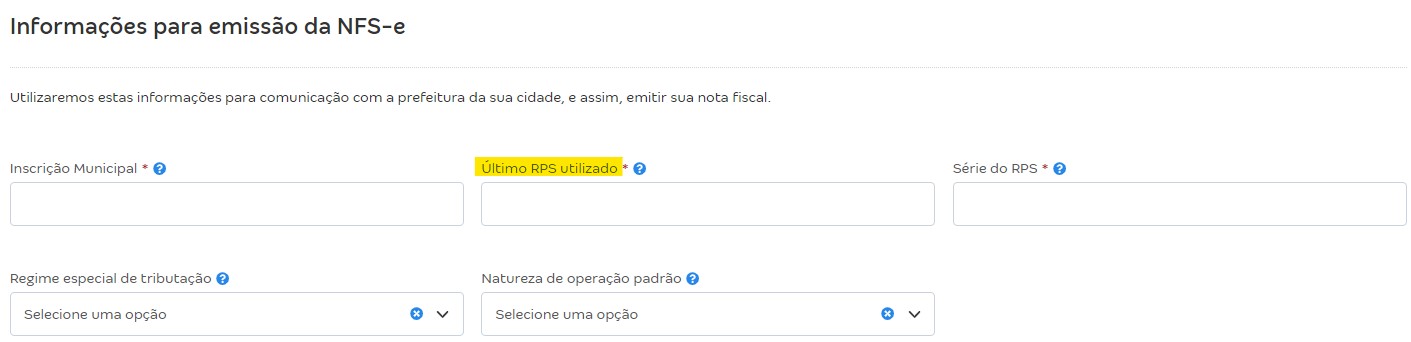 Tela de configurações da NFS-e com destaque para o campo Último RPS utilizado.