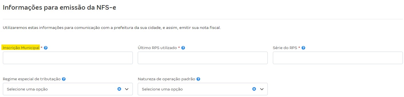 Tela de configurações da NFS-e com destaque para o campo Inscrição Municipal.