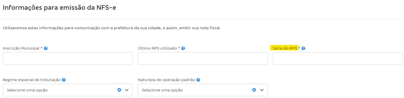 Tela de configurações da NFS-e com destaque para o campo Série do RPS.