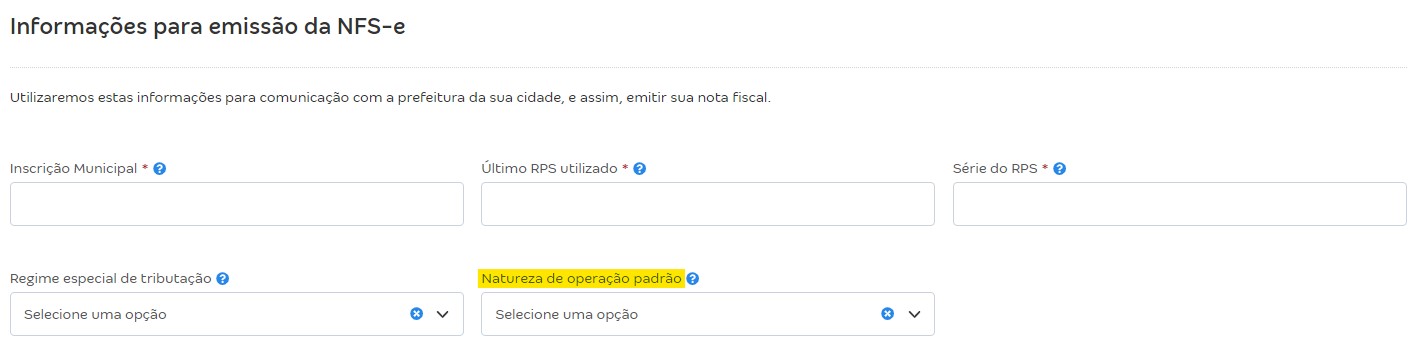 Tela de configurações da NFS-e com destaque para o campo Natureza de operação padrão.