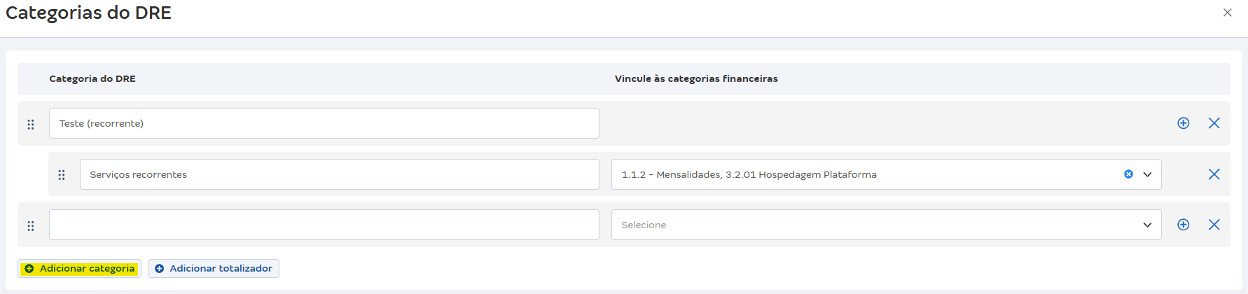 Tela de Categoria do DRE com destaque para o botão adicionar categoria..png
